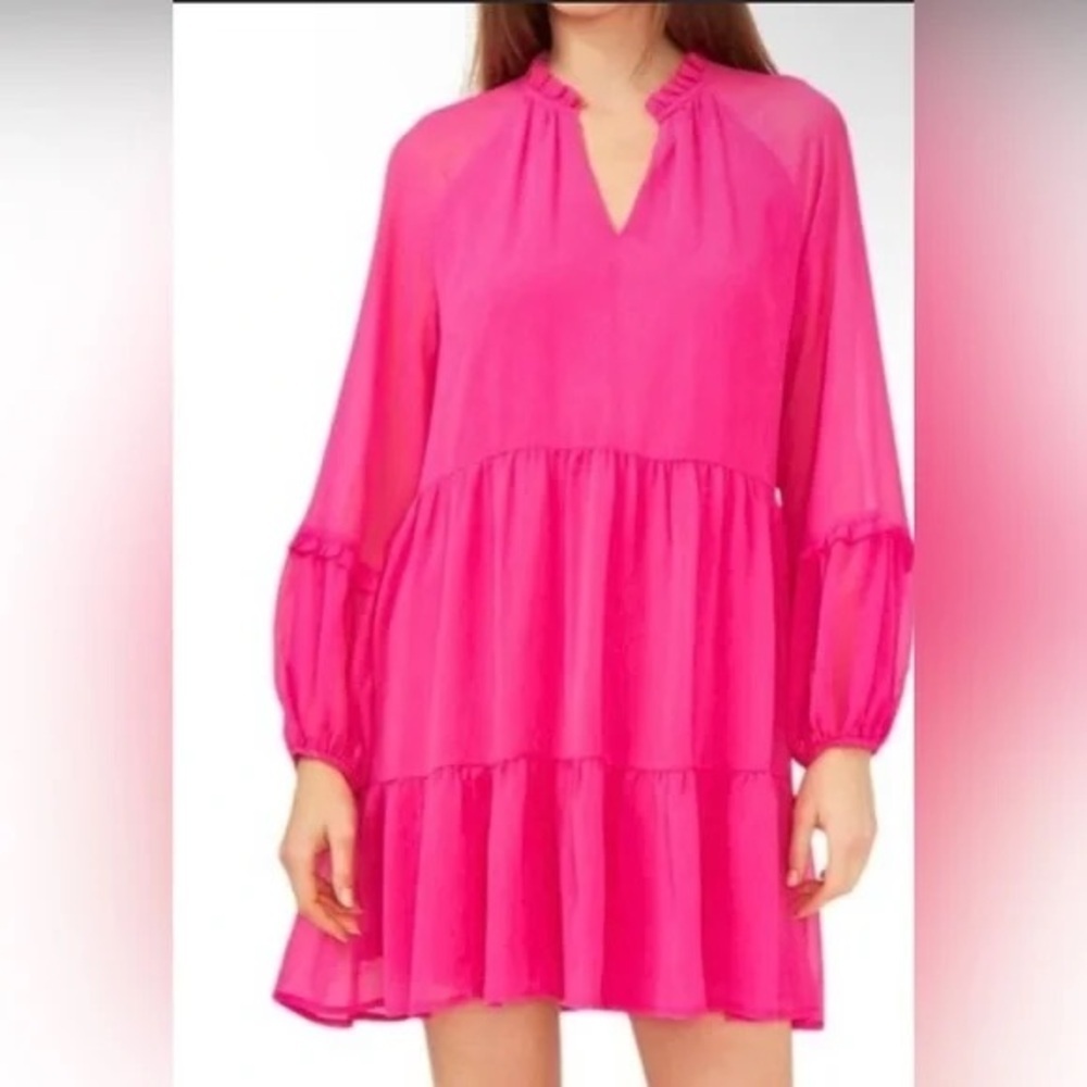 Vince Camuto Bright Fuchsia Long Sleeve Tiered Mini Dress